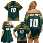 Personalized Kookaburras Field Hockey Kangaroo Family Matching Off Shoulder Short Dress and Hawaiian Shirt Indigenous Australian Dot Art Style In Green And Gold