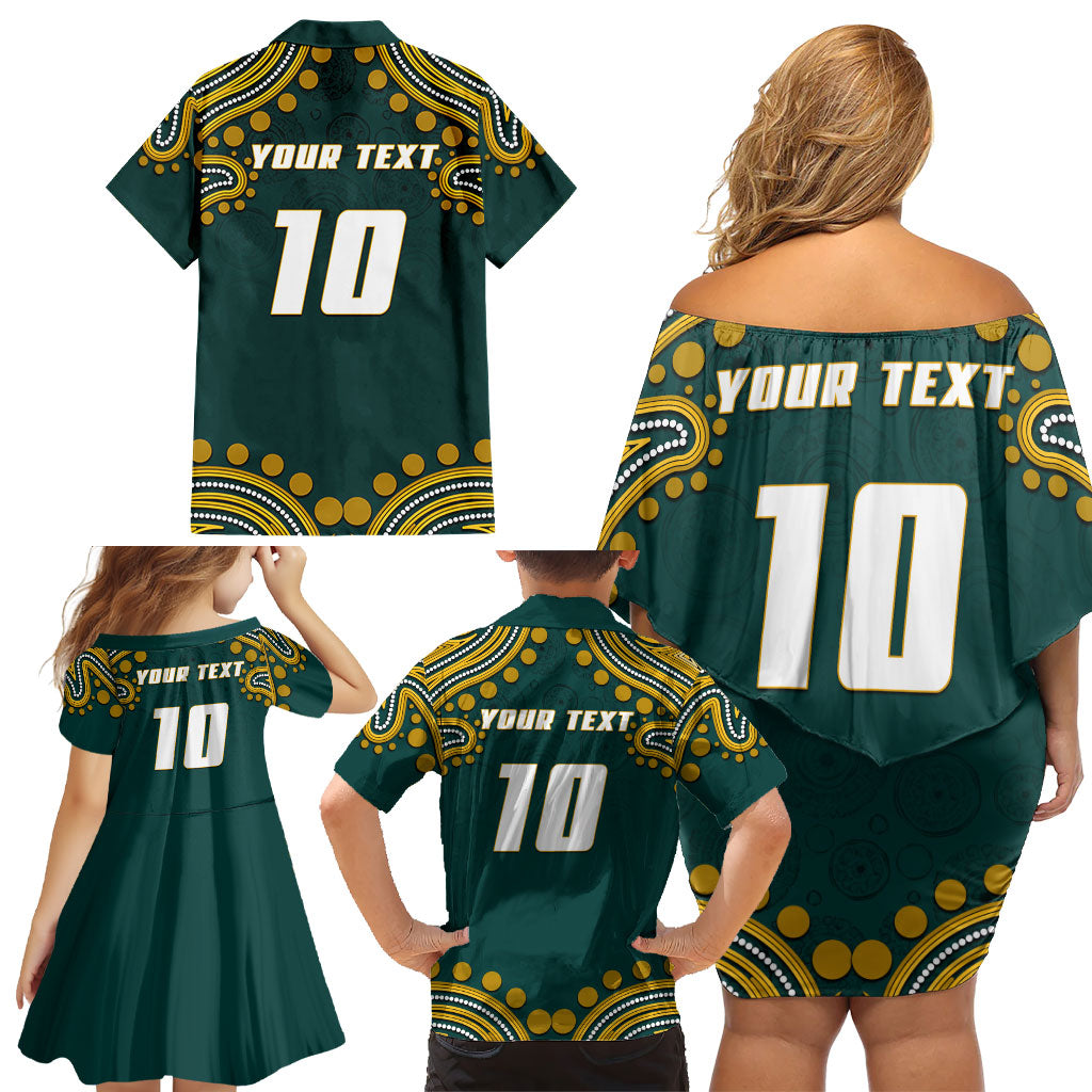 Personalized Kookaburras Field Hockey Kangaroo Family Matching Off Shoulder Short Dress and Hawaiian Shirt Indigenous Australian Dot Art Style In Green And Gold