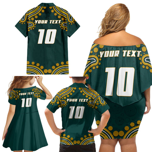 Personalized Kookaburras Field Hockey Kangaroo Family Matching Off Shoulder Short Dress and Hawaiian Shirt Indigenous Australian Dot Art Style In Green And Gold