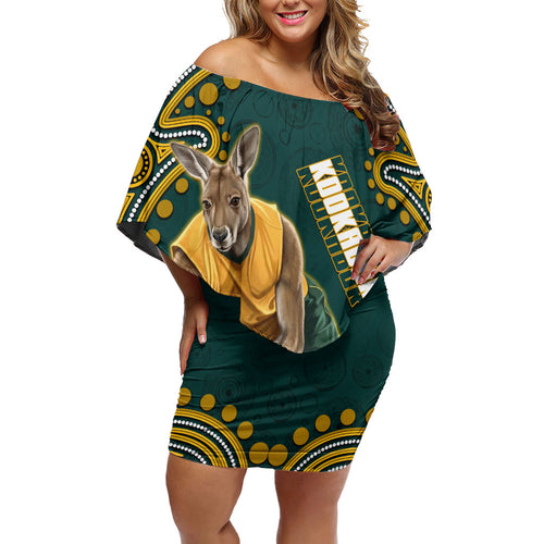 Personalized Kookaburras Field Hockey Kangaroo Family Matching Off Shoulder Short Dress and Hawaiian Shirt Indigenous Australian Dot Art Style In Green And Gold