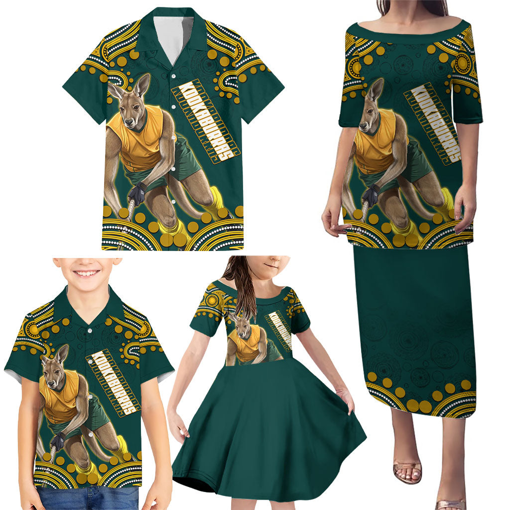 Personalized Kookaburras Field Hockey Kangaroo Family Matching Puletasi and Hawaiian Shirt Indigenous Australian Dot Art Style In Green And Gold