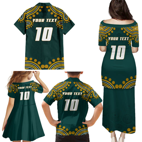 Personalized Kookaburras Field Hockey Kangaroo Family Matching Puletasi and Hawaiian Shirt Indigenous Australian Dot Art Style In Green And Gold
