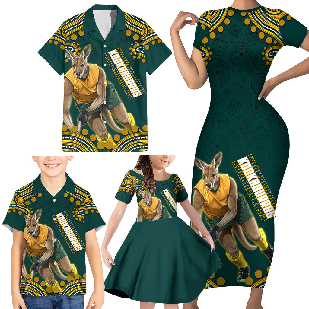 Personalized Kookaburras Field Hockey Kangaroo Family Matching Short Sleeve Bodycon Dress and Hawaiian Shirt Indigenous Australian Dot Art Style In Green And Gold
