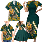 Personalized Kookaburras Field Hockey Kangaroo Family Matching Short Sleeve Bodycon Dress and Hawaiian Shirt Indigenous Australian Dot Art Style In Green And Gold