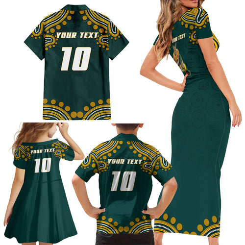 Personalized Kookaburras Field Hockey Kangaroo Family Matching Short Sleeve Bodycon Dress and Hawaiian Shirt Indigenous Australian Dot Art Style In Green And Gold
