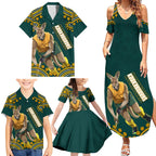 Personalized Kookaburras Field Hockey Kangaroo Family Matching Summer Maxi Dress and Hawaiian Shirt Indigenous Australian Dot Art Style In Green And Gold