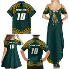 Personalized Kookaburras Field Hockey Kangaroo Family Matching Summer Maxi Dress and Hawaiian Shirt Indigenous Australian Dot Art Style In Green And Gold