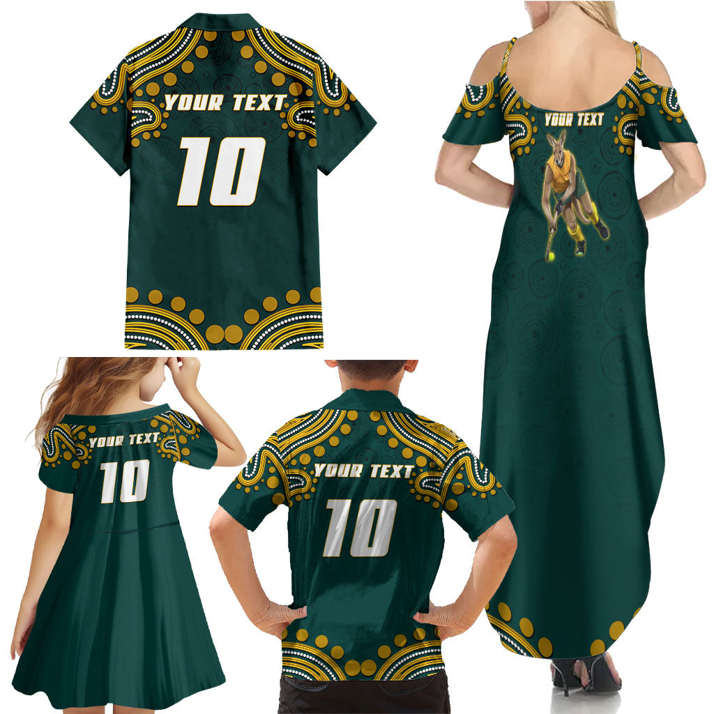 Personalized Kookaburras Field Hockey Kangaroo Family Matching Summer Maxi Dress and Hawaiian Shirt Indigenous Australian Dot Art Style In Green And Gold