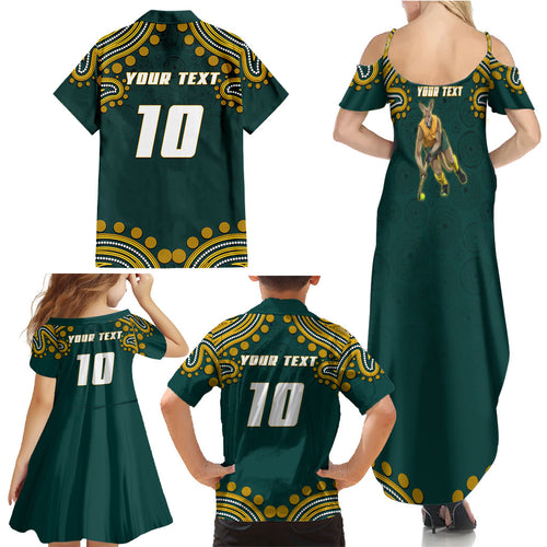Personalized Kookaburras Field Hockey Kangaroo Family Matching Summer Maxi Dress and Hawaiian Shirt Indigenous Australian Dot Art Style In Green And Gold