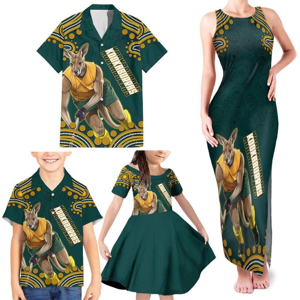 Personalized Kookaburras Field Hockey Kangaroo Family Matching Tank Maxi Dress and Hawaiian Shirt Indigenous Australian Dot Art Style In Green And Gold