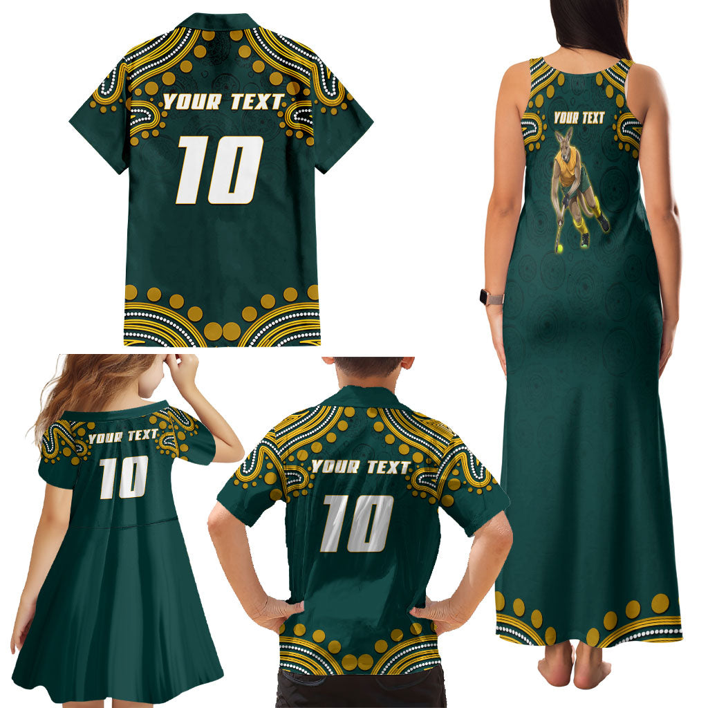 Personalized Kookaburras Field Hockey Kangaroo Family Matching Tank Maxi Dress and Hawaiian Shirt Indigenous Australian Dot Art Style In Green And Gold