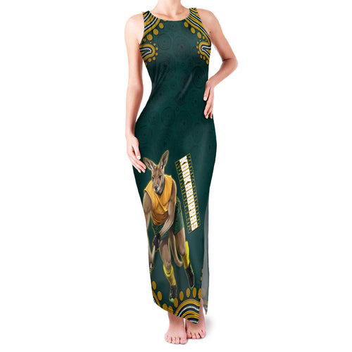 Personalized Kookaburras Field Hockey Kangaroo Family Matching Tank Maxi Dress and Hawaiian Shirt Indigenous Australian Dot Art Style In Green And Gold