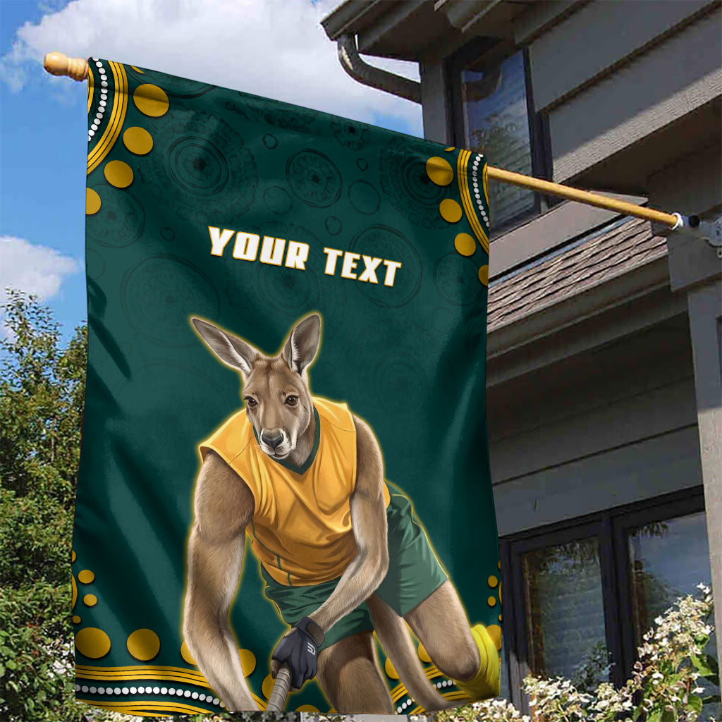 Personalized Kookaburras Field Hockey Kangaroo Garden Flag Indigenous Australian Dot Art Style In Green And Gold