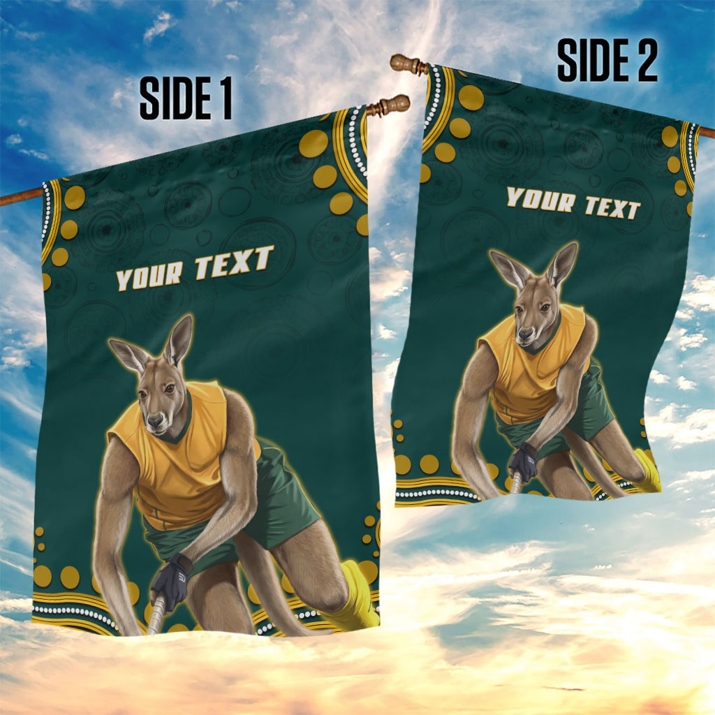 Personalized Kookaburras Field Hockey Kangaroo Garden Flag Indigenous Australian Dot Art Style In Green And Gold