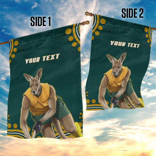 Personalized Kookaburras Field Hockey Kangaroo Garden Flag Indigenous Australian Dot Art Style In Green And Gold