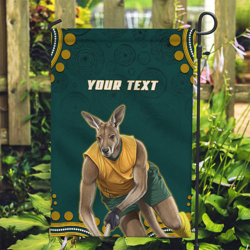 Personalized Kookaburras Field Hockey Kangaroo Garden Flag Indigenous Australian Dot Art Style In Green And Gold