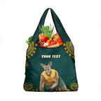 Personalized Kookaburras Field Hockey Kangaroo Grocery Bag Indigenous Australian Dot Art Style In Green And Gold