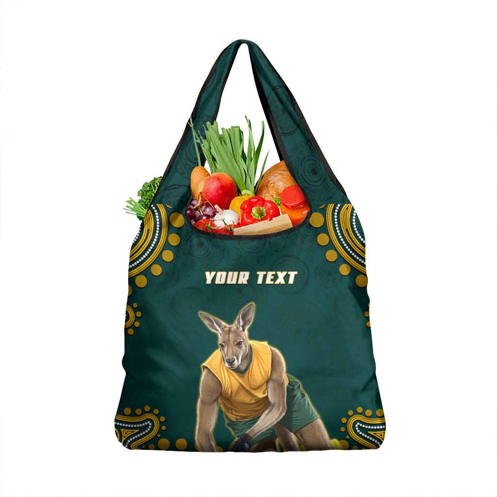 Personalized Kookaburras Field Hockey Kangaroo Grocery Bag Indigenous Australian Dot Art Style In Green And Gold
