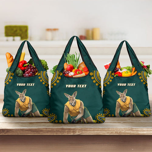 Personalized Kookaburras Field Hockey Kangaroo Grocery Bag Indigenous Australian Dot Art Style In Green And Gold