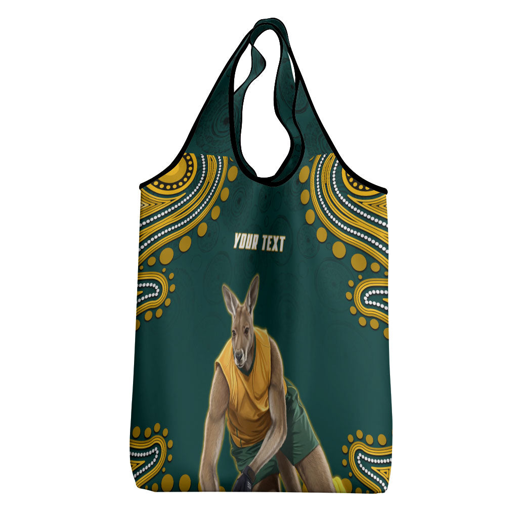 Personalized Kookaburras Field Hockey Kangaroo Grocery Bag Indigenous Australian Dot Art Style In Green And Gold