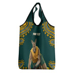 Personalized Kookaburras Field Hockey Kangaroo Grocery Bag Indigenous Australian Dot Art Style In Green And Gold