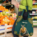 Personalized Kookaburras Field Hockey Kangaroo Grocery Bag Indigenous Australian Dot Art Style In Green And Gold