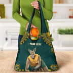 Personalized Kookaburras Field Hockey Kangaroo Grocery Bag Indigenous Australian Dot Art Style In Green And Gold