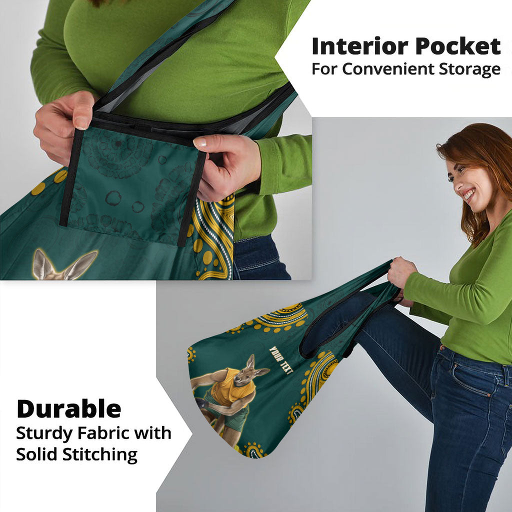 Personalized Kookaburras Field Hockey Kangaroo Grocery Bag Indigenous Australian Dot Art Style In Green And Gold