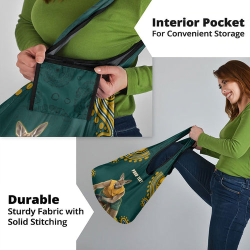 Personalized Kookaburras Field Hockey Kangaroo Grocery Bag Indigenous Australian Dot Art Style In Green And Gold