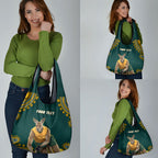 Personalized Kookaburras Field Hockey Kangaroo Grocery Bag Indigenous Australian Dot Art Style In Green And Gold