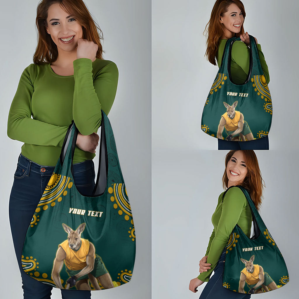 Personalized Kookaburras Field Hockey Kangaroo Grocery Bag Indigenous Australian Dot Art Style In Green And Gold