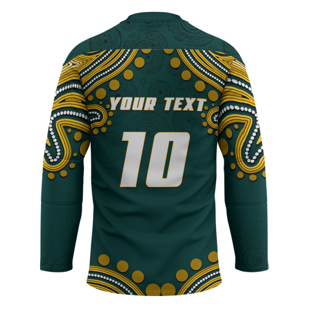 Personalized Kookaburras Field Hockey Kangaroo Hockey Jersey Indigenous Australian Dot Art Style In Green And Gold