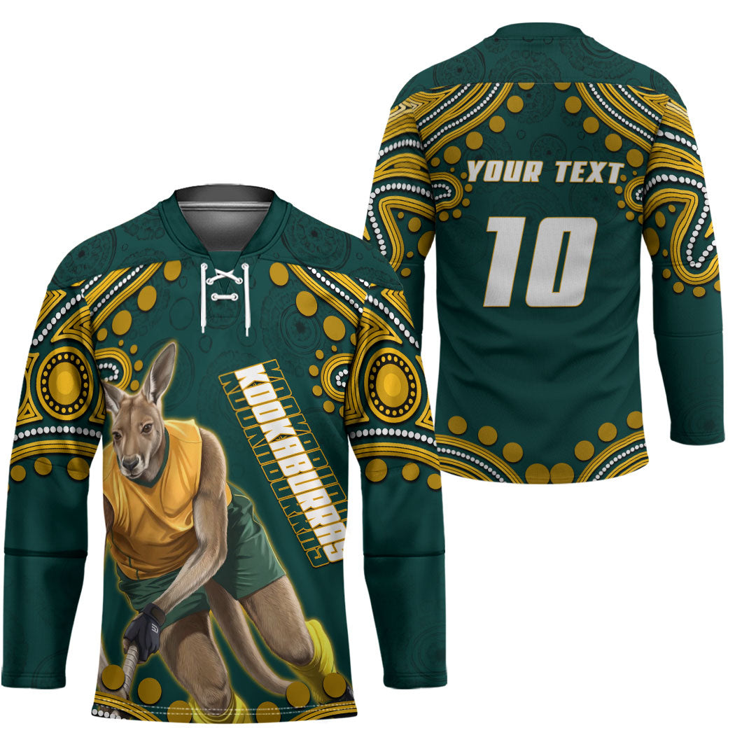 Personalized Kookaburras Field Hockey Kangaroo Hockey Jersey Indigenous Australian Dot Art Style In Green And Gold