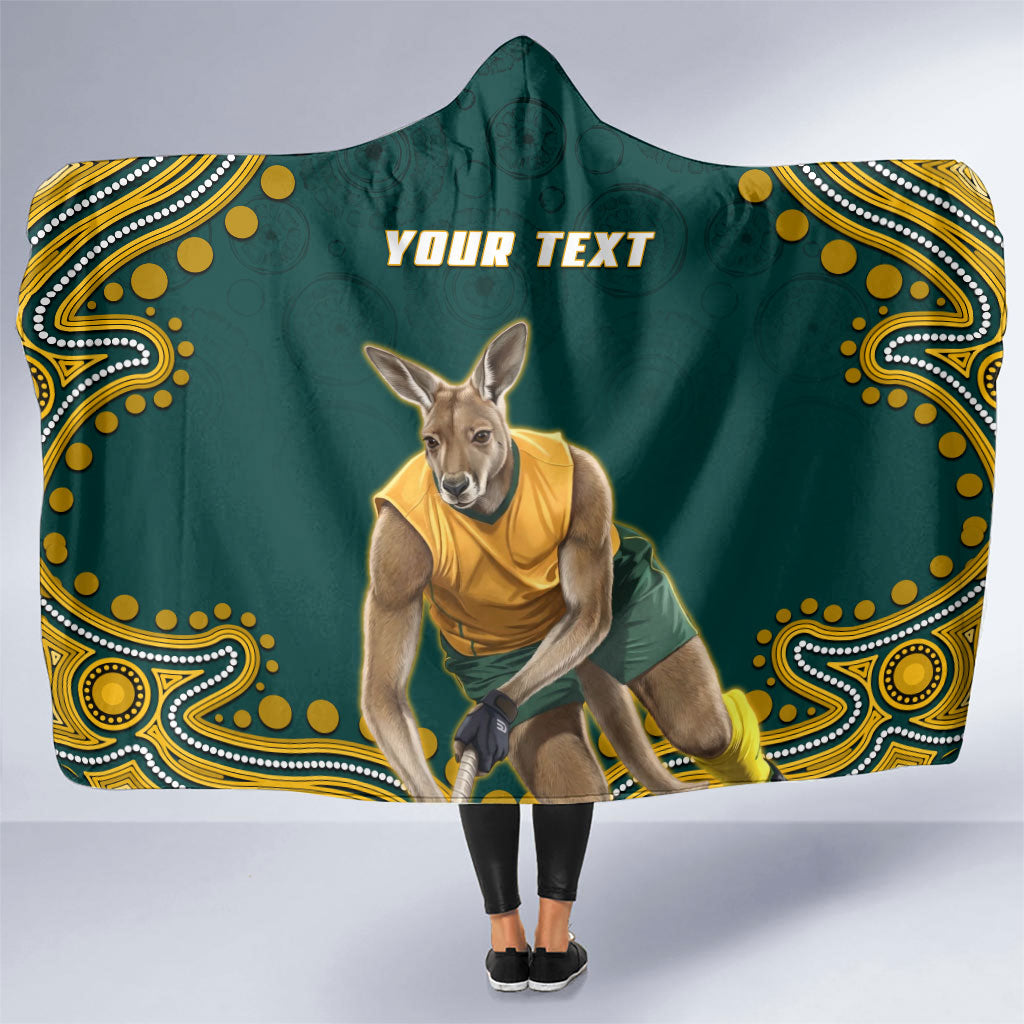 Personalized Kookaburras Field Hockey Kangaroo Hooded Blanket Indigenous Australian Dot Art Style In Green And Gold