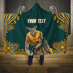 Personalized Kookaburras Field Hockey Kangaroo Hooded Blanket Indigenous Australian Dot Art Style In Green And Gold