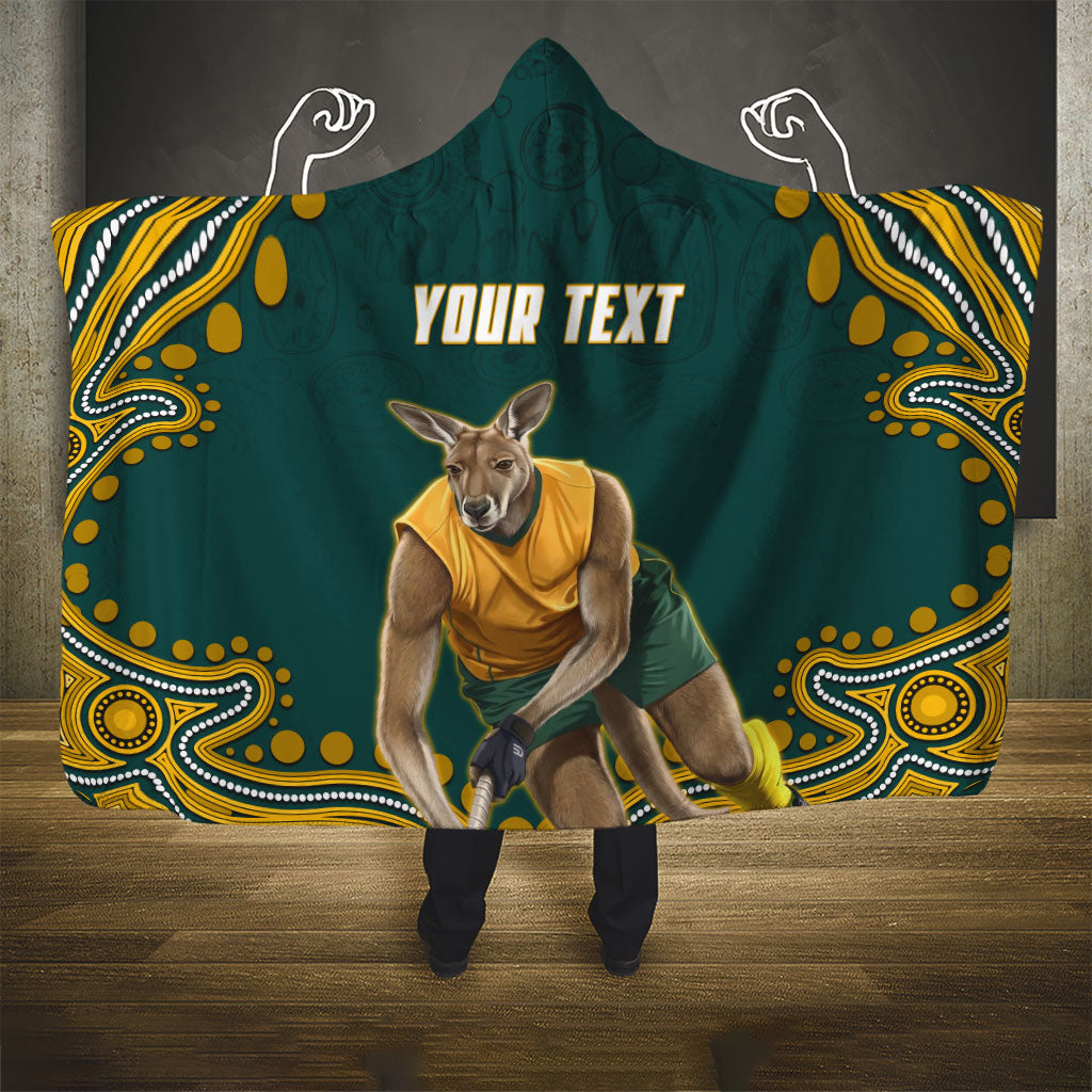Personalized Kookaburras Field Hockey Kangaroo Hooded Blanket Indigenous Australian Dot Art Style In Green And Gold
