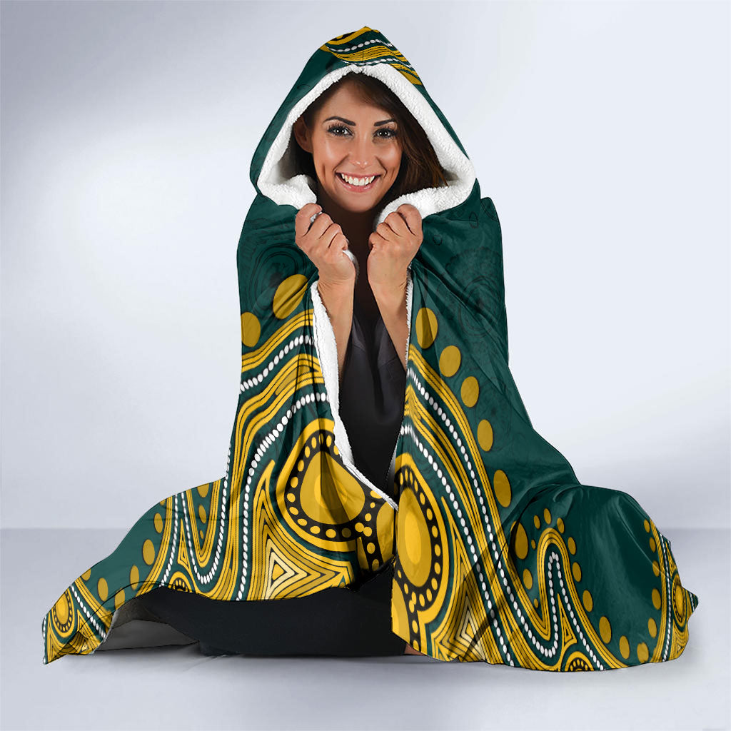 Personalized Kookaburras Field Hockey Kangaroo Hooded Blanket Indigenous Australian Dot Art Style In Green And Gold