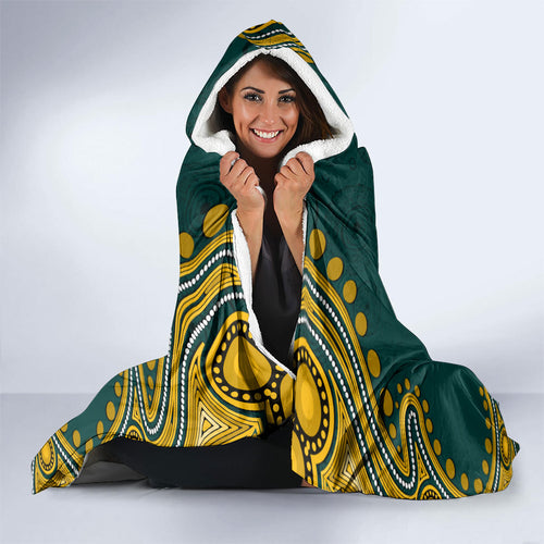 Personalized Kookaburras Field Hockey Kangaroo Hooded Blanket Indigenous Australian Dot Art Style In Green And Gold