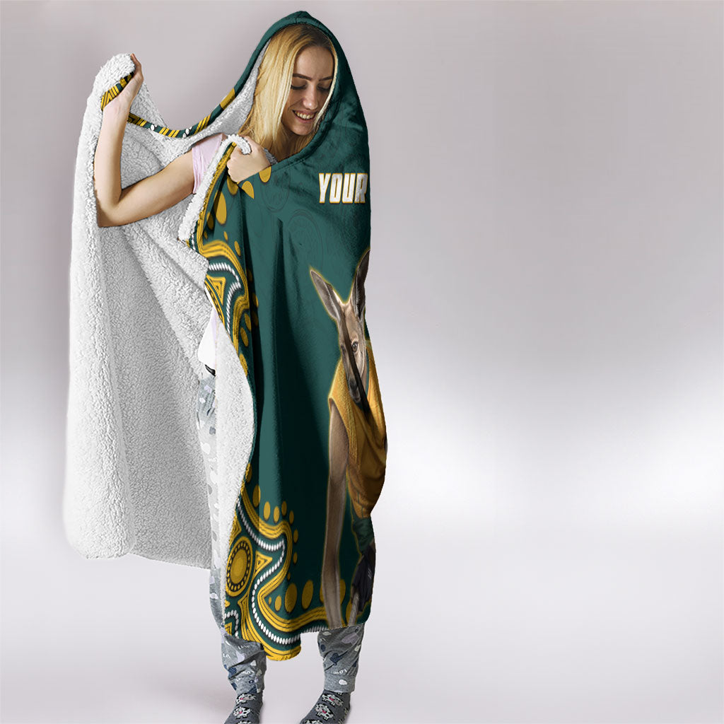 Personalized Kookaburras Field Hockey Kangaroo Hooded Blanket Indigenous Australian Dot Art Style In Green And Gold