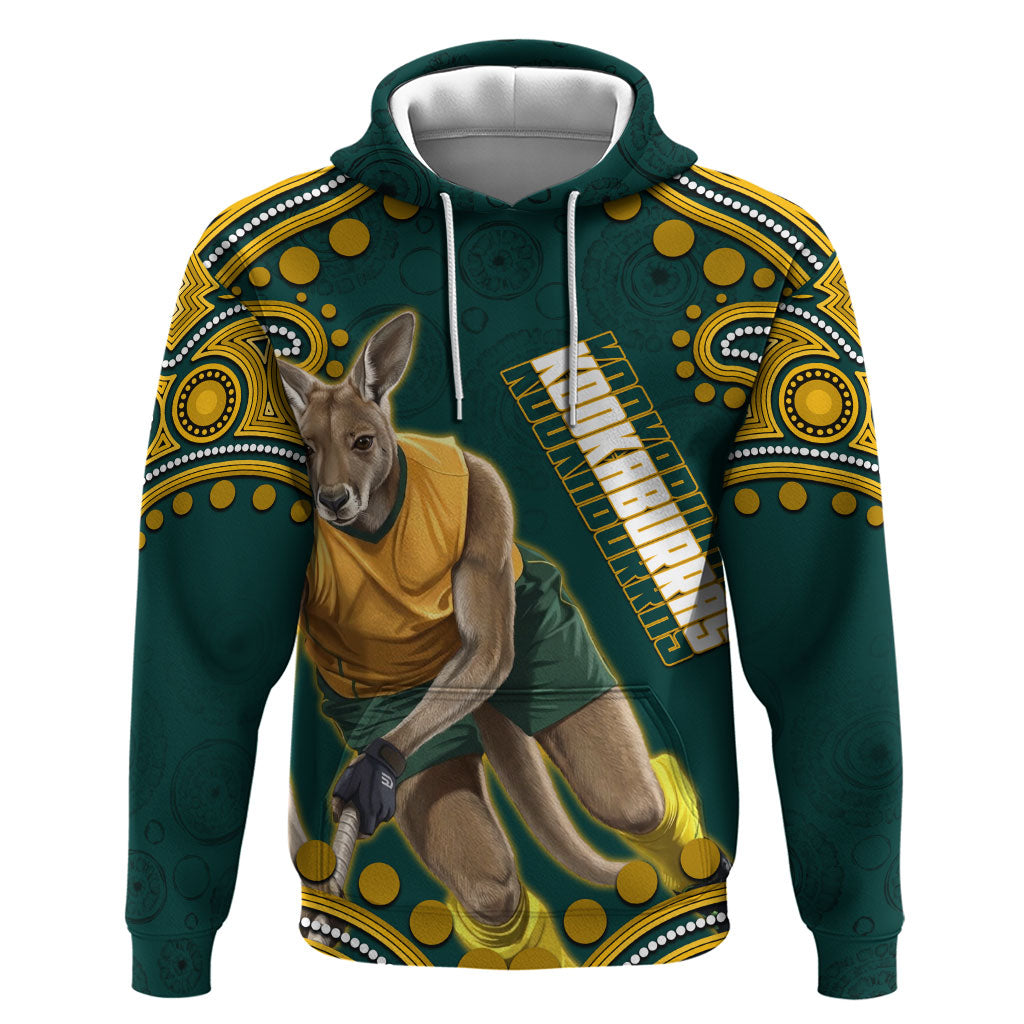 Personalized Kookaburras Field Hockey Kangaroo Hoodie Indigenous Australian Dot Art Style In Green And Gold