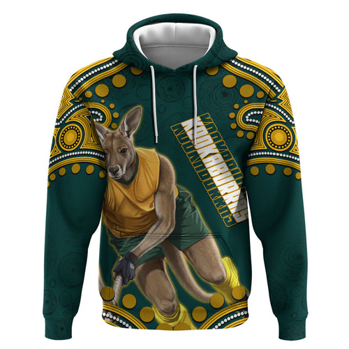 Personalized Kookaburras Field Hockey Kangaroo Hoodie Indigenous Australian Dot Art Style In Green And Gold