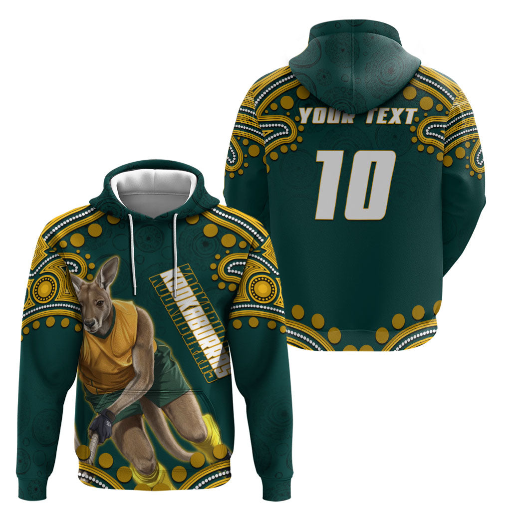 Personalized Kookaburras Field Hockey Kangaroo Hoodie Indigenous Australian Dot Art Style In Green And Gold