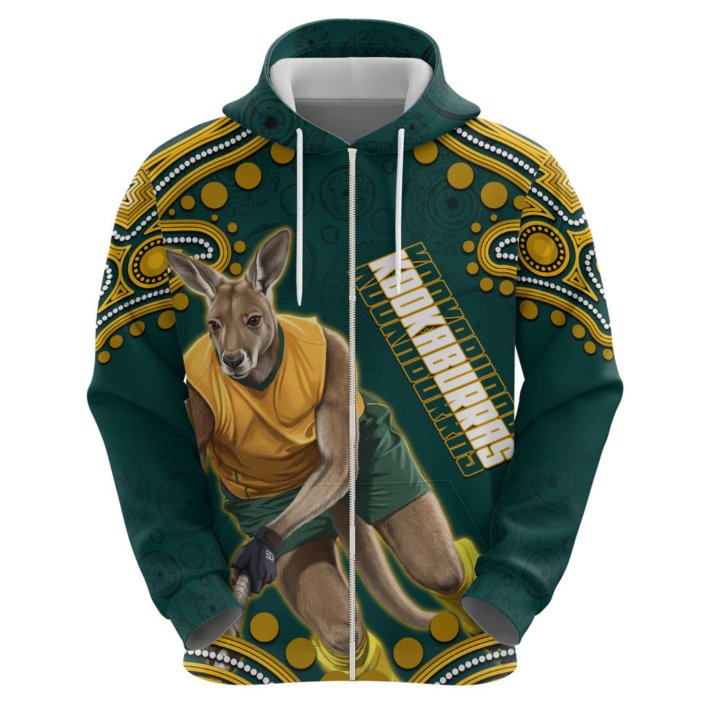 Personalized Kookaburras Field Hockey Kangaroo Hoodie Indigenous Australian Dot Art Style In Green And Gold
