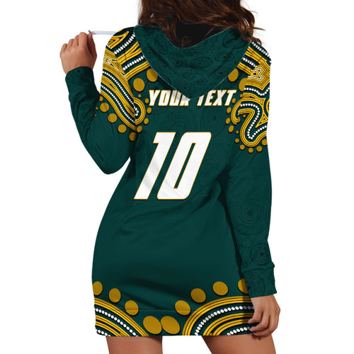 Personalized Kookaburras Field Hockey Kangaroo Hoodie Dress Indigenous Australian Dot Art Style In Green And Gold