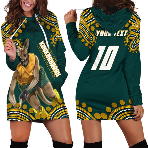 Personalized Kookaburras Field Hockey Kangaroo Hoodie Dress Indigenous Australian Dot Art Style In Green And Gold
