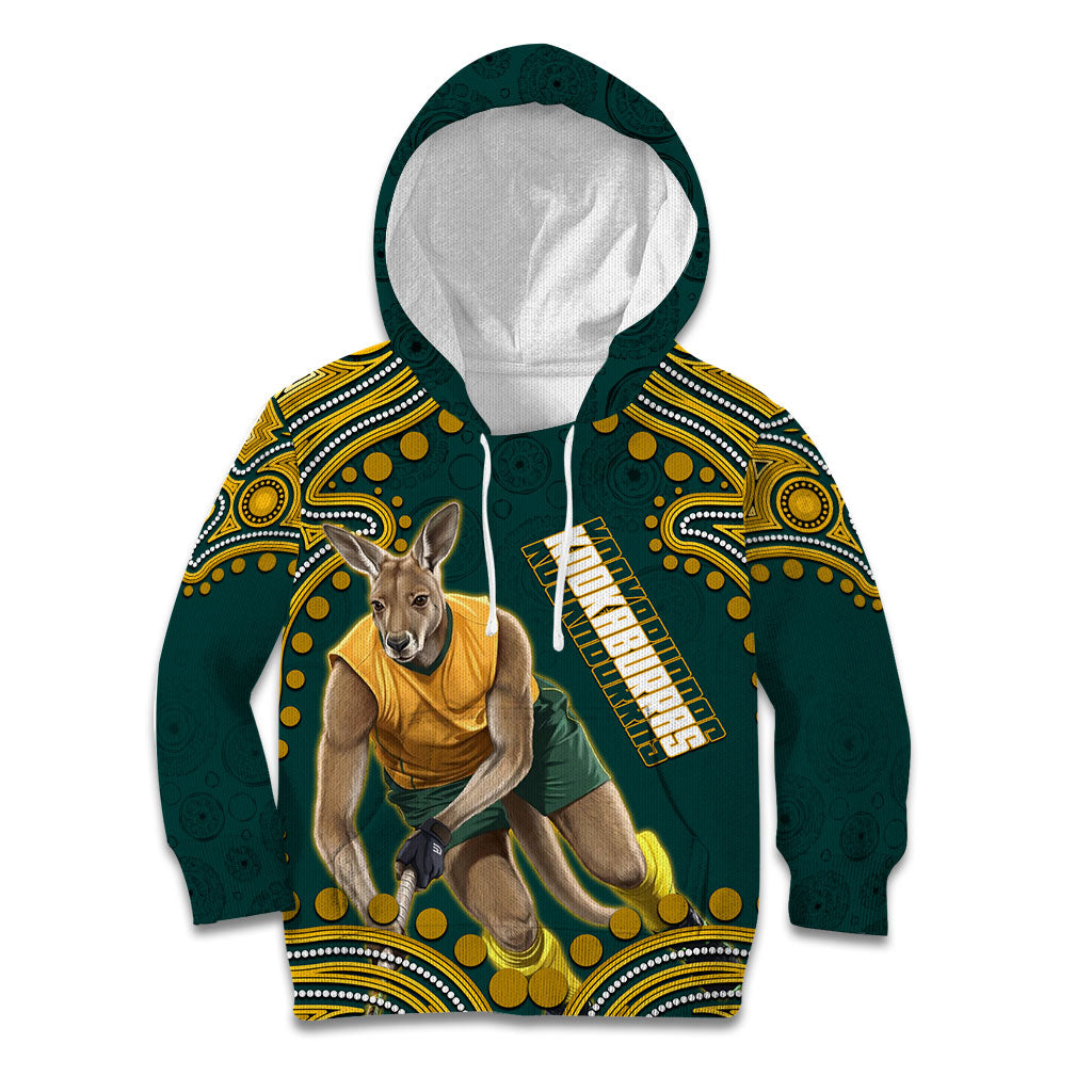 Personalized Kookaburras Field Hockey Kangaroo Kid Hoodie Indigenous Australian Dot Art Style In Green And Gold
