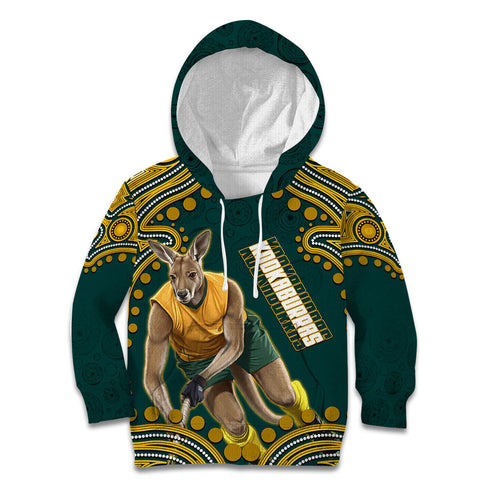 Personalized Kookaburras Field Hockey Kangaroo Kid Hoodie Indigenous Australian Dot Art Style In Green And Gold