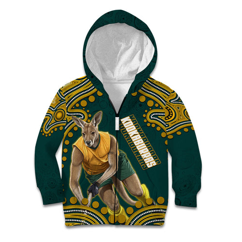 Personalized Kookaburras Field Hockey Kangaroo Kid Hoodie Indigenous Australian Dot Art Style In Green And Gold