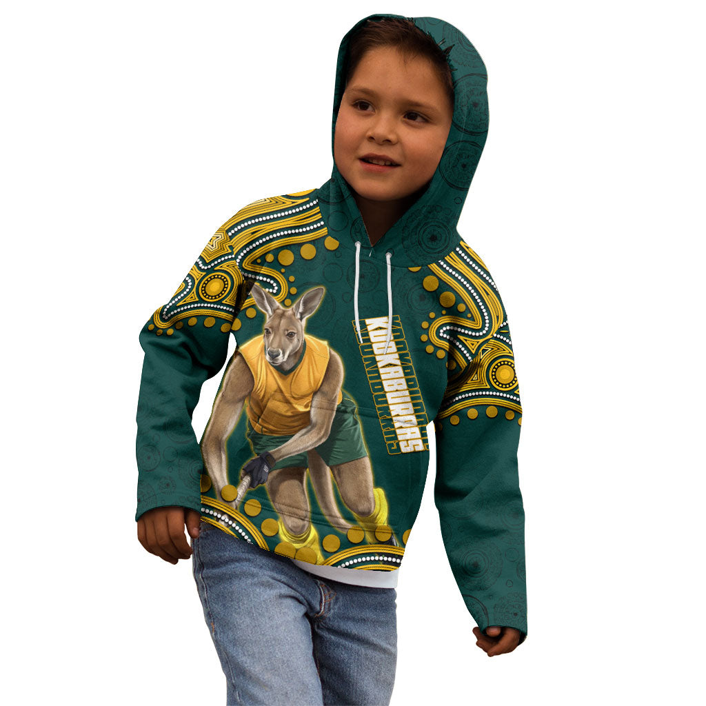 Personalized Kookaburras Field Hockey Kangaroo Kid Hoodie Indigenous Australian Dot Art Style In Green And Gold