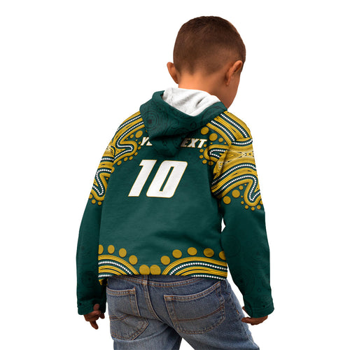 Personalized Kookaburras Field Hockey Kangaroo Kid Hoodie Indigenous Australian Dot Art Style In Green And Gold